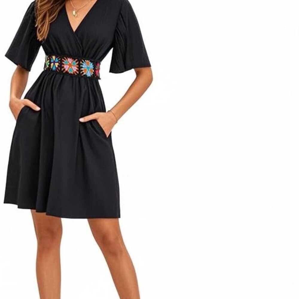 Women's Linen V-Neck Flutter Sleeve Wrap Dress Casual Beach Holiday - Picture 8 of 8